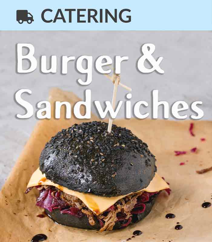 Catering Foodtruck Burger & Sandwiches mit Burger im Hintergrund