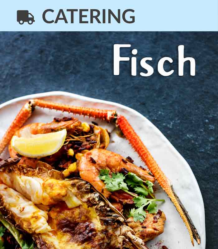 Catering Foodtruck Fisch mit Meeresfrüchte im Hintergrund